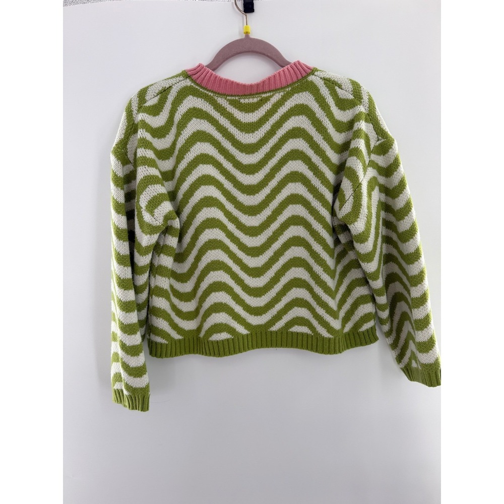 Womens Wavy Chevron Stripe Sweater Green White Pink Trim Retro Knit Top Size M